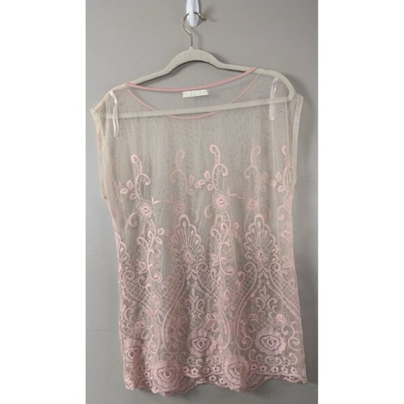 Ivory Sheer Mesh Top L Pink Floral Embroidered Y2K Coquette Fairycore Soft Girl - Picture 2 of 8